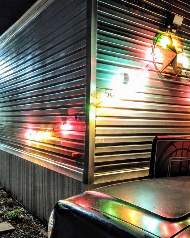 christmas lights on a fema trailer