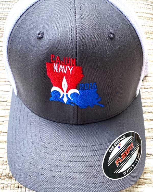 top view of cajun navy 2016 flex fit cap with grey bill and white mesh back