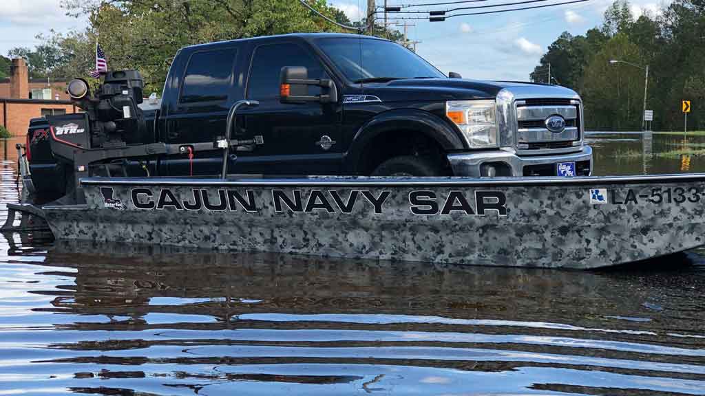 cajun navy search and rescue boat and truck